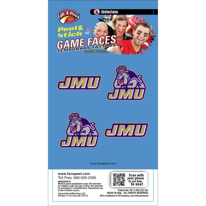 James Madison Game Faces® Temporary Tattoos for wholesale by Fanapeel / Gamefaces