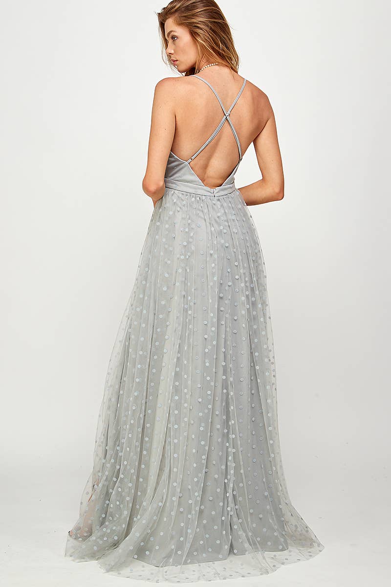 Bleu poussiéreux Robe Maxi en Tulle à Pois Éthérée en vente sur Faire8