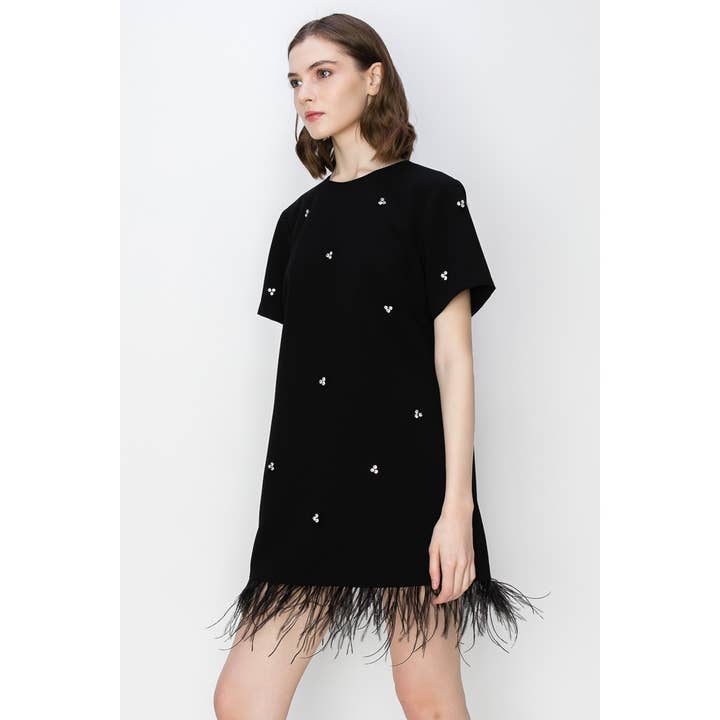 INA - Wholesale Dress - Women's - Short Sleeve Jeweled Feather Hem Mini Dress