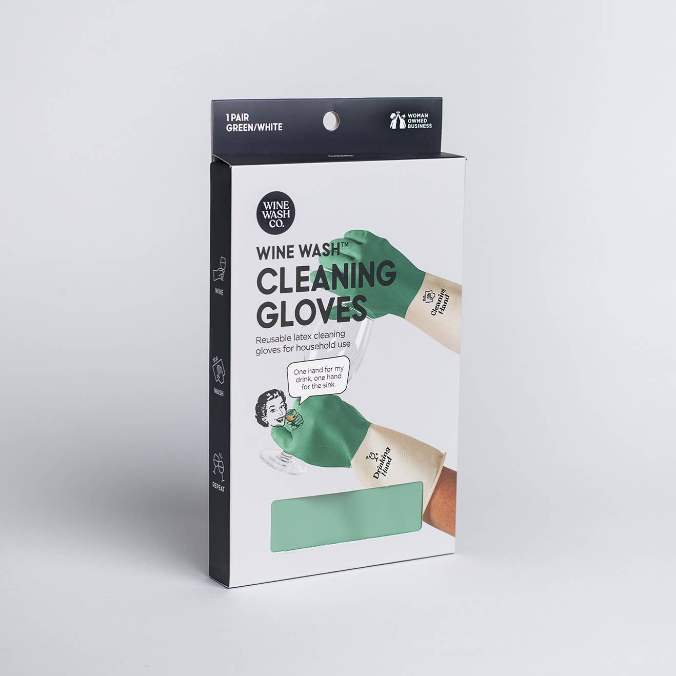 Wine Wash Co. - Vente Gants de nettoyage - Gants de ménage réutilisables verts - Une main pour nettoyer, une main pour boire4