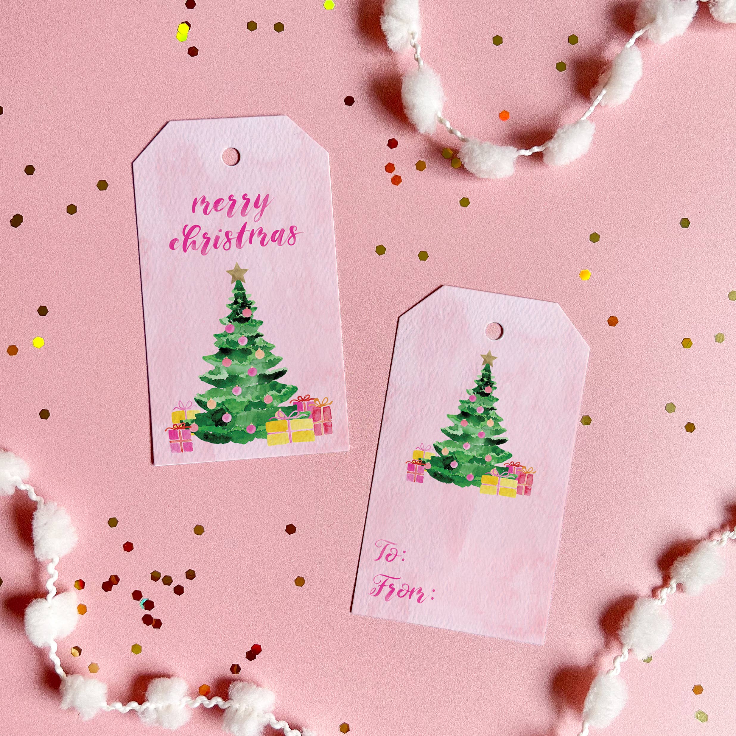 Gert & Co – wholesale Presentetikett – Rosa julgran Holiday Gift Taggar, Uppsättning av 81