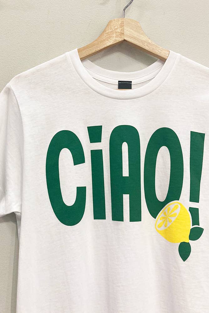 White Ciao Lemon Boyfriend Tee for wholesale on Faire