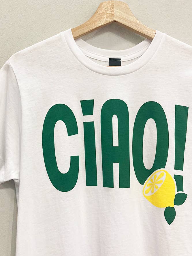 White Ciao Lemon Boyfriend Tee for wholesale on Faire