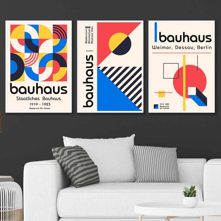 Bauhaus Red Blue & Yellow Geometric Set of 3 Wall Art Prints for wholesale by Artze Wall Art
