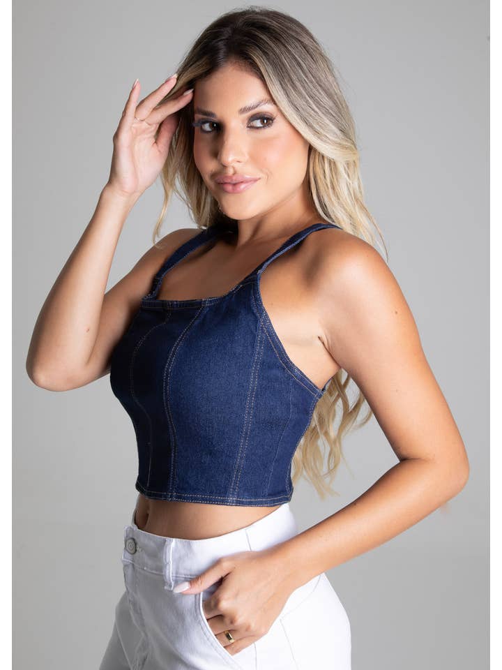 Sawary Jeans - Wholesale Blouse - Women's - Sawary Women's Jean Cropped Top - Denim Blue, Zip Closure