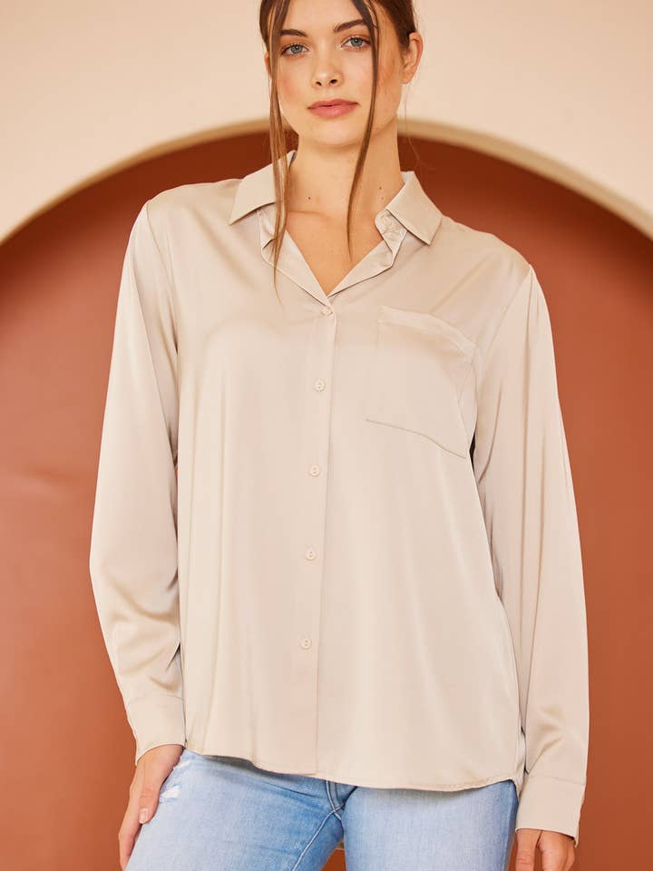 IT3415 - SATIN BUTTON DOWN SOLID SHIRT WITH FRONT POCKET for wholesale by FSL Apparel