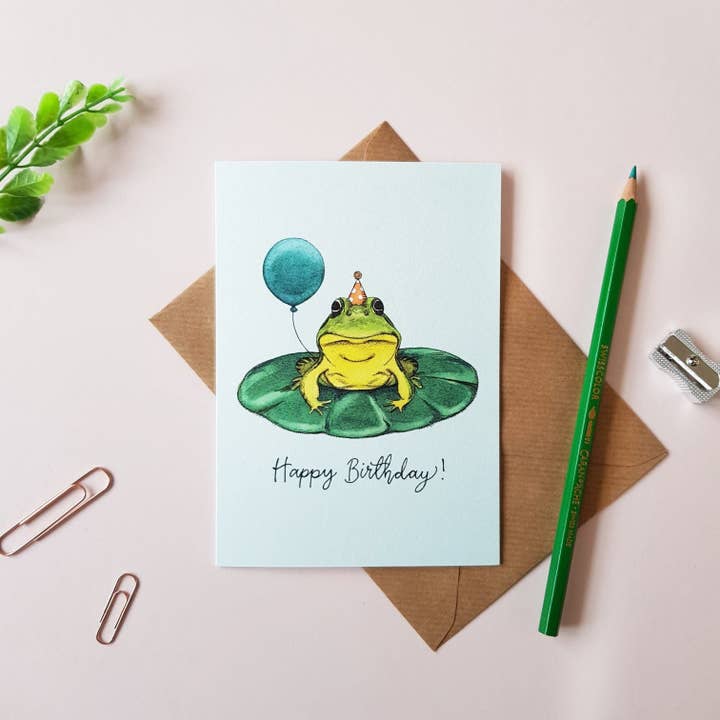 Amelia Illustration - Vente Cartes d'anniversaire - Carte de vœux Joyeux anniversaire grenouille