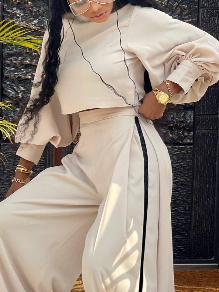 Apricot Half Turtleneck Top, Wide-Leg Pants, Two-Piece Set for wholesale on Faire