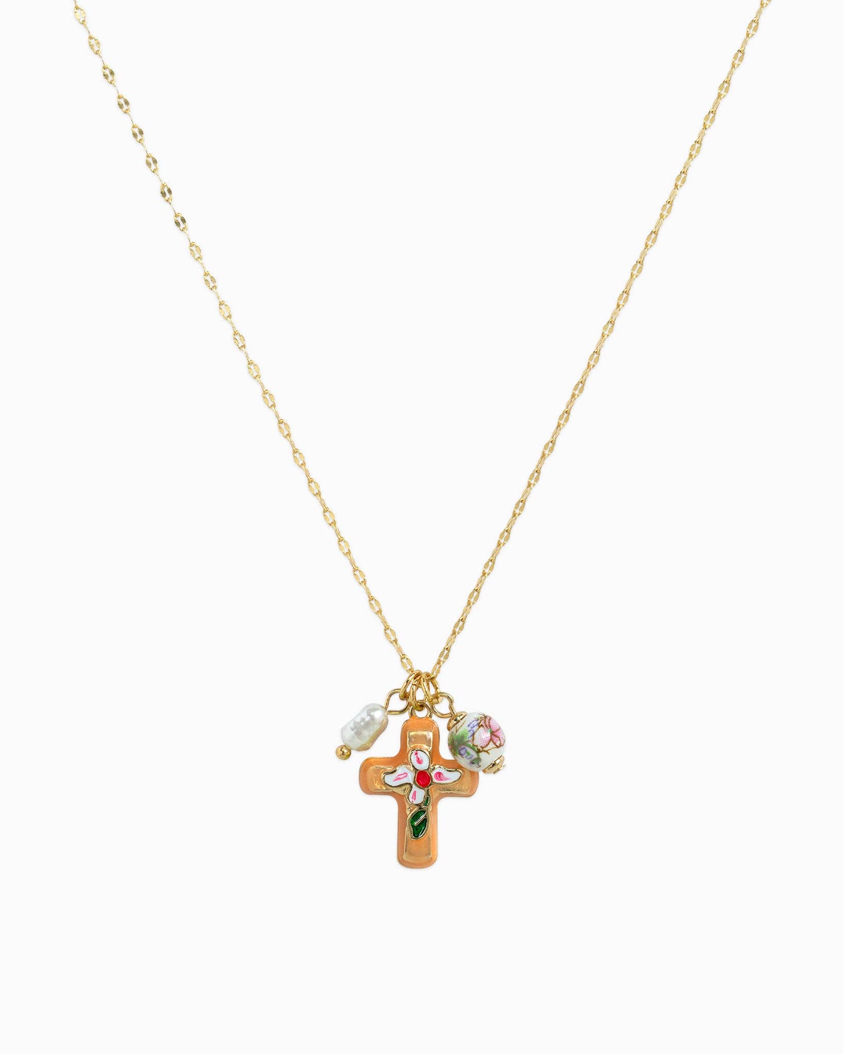 Sessori - Wholesale Pendant/Charm Necklace - Porcelain Inspired Vintage Floral Cross Necklace1