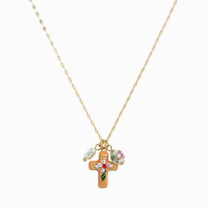 Sessori - Wholesale Pendant/Charm Necklace - Porcelain Inspired Vintage Floral Cross Necklace1
