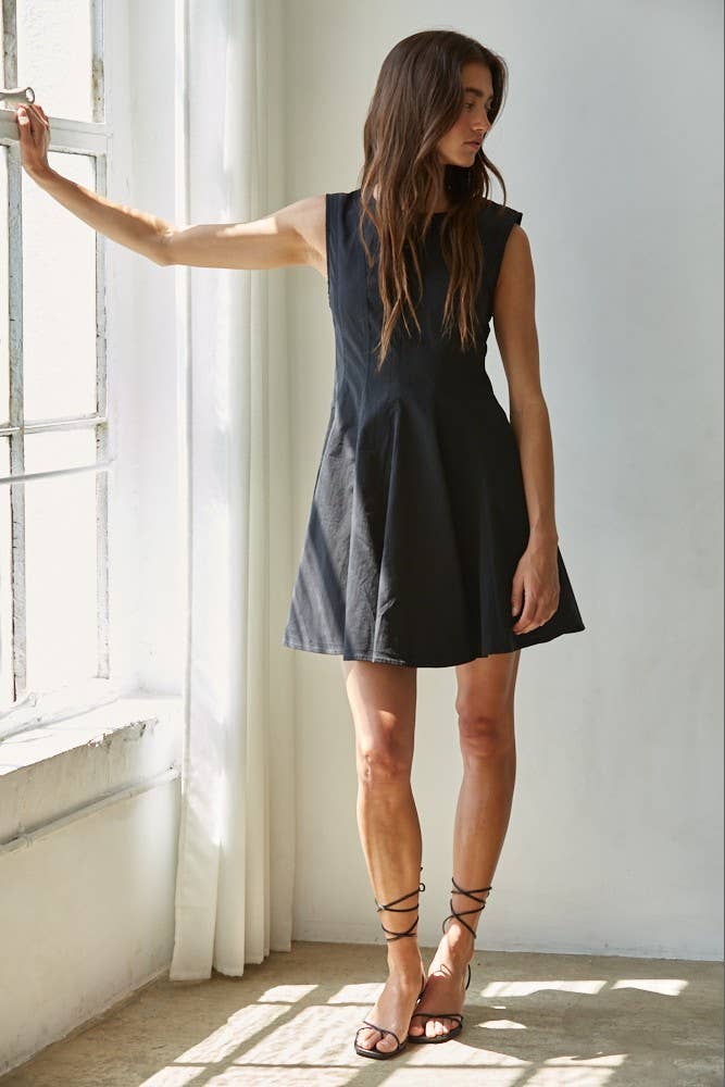 Black L8589 | Woven Cotton Nylon Spandex Flare Mini Dress for wholesale on Faire1