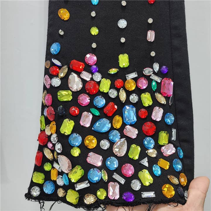 Black PT020Y Hand made-Beaded High Waist Flare Jeans for wholesale on Faire