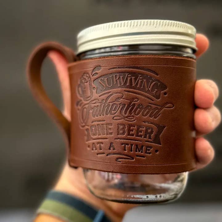 Leather Wrapped Mason Jar Drinking Glass - Fatherhood for wholesale by Sophisticate Supply Co.