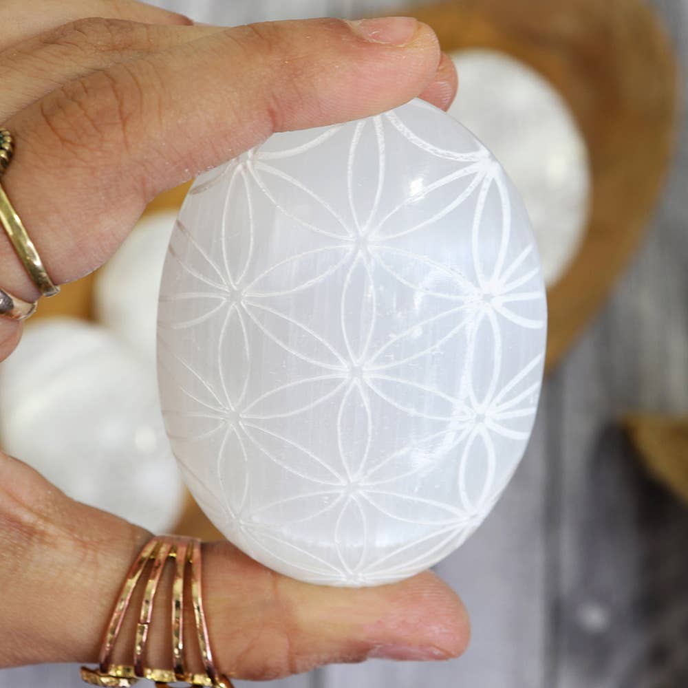 Natures Artifacts Inc - Wholesale Spiritual Stone/Crystal - Selenite Engraved Palm Stone with Flower of Life9