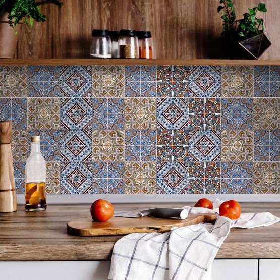 HomeRoots - Wholesale Wall Tile - 5" X 5" Blue Warm Tones Mosaic Peel and Stick Tiles
