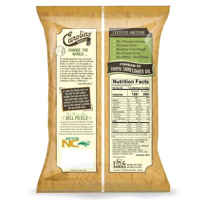 1 in 6 Snacks- Carolina Kettle chips - Wholesale Chips - Dill Pickle Carolina Kettle Potato Chips 2 oz Case (20)1