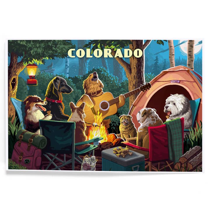 ART PRINTS Colorado, Pack Life, Dogs Around Campfire for wholesale by Lantern Press