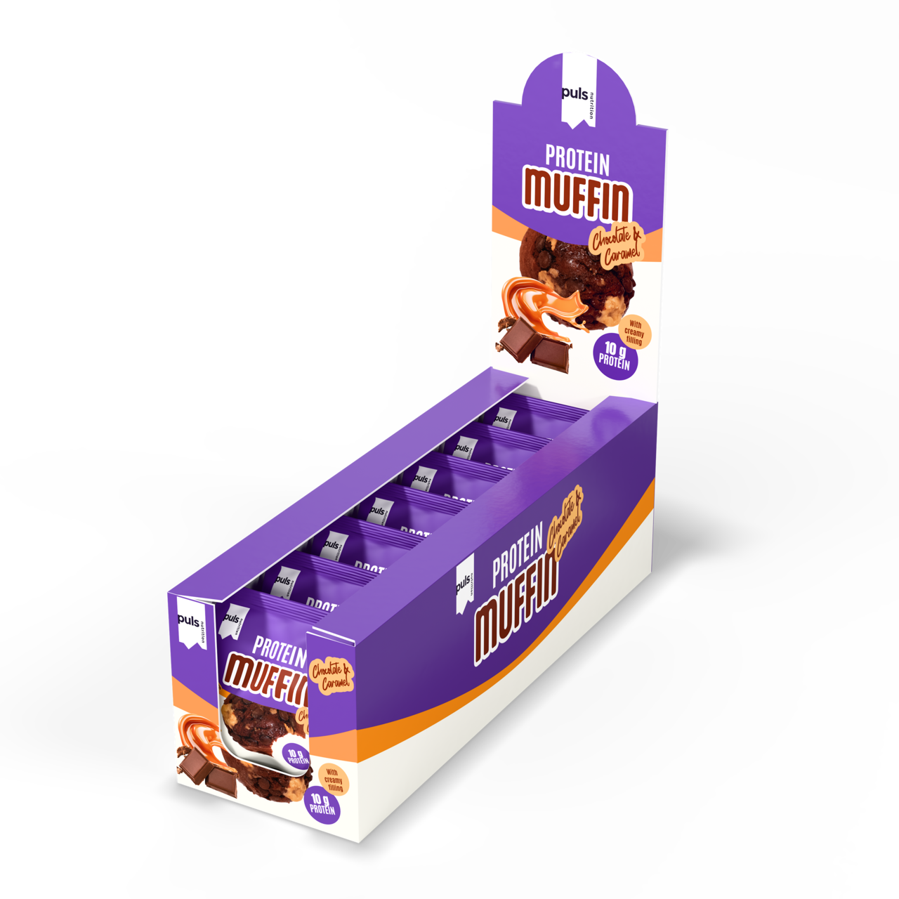 Puls Nutrition – Engroshandel Snackbars – Proteinmuffin med karamel og chokolade 75 g1