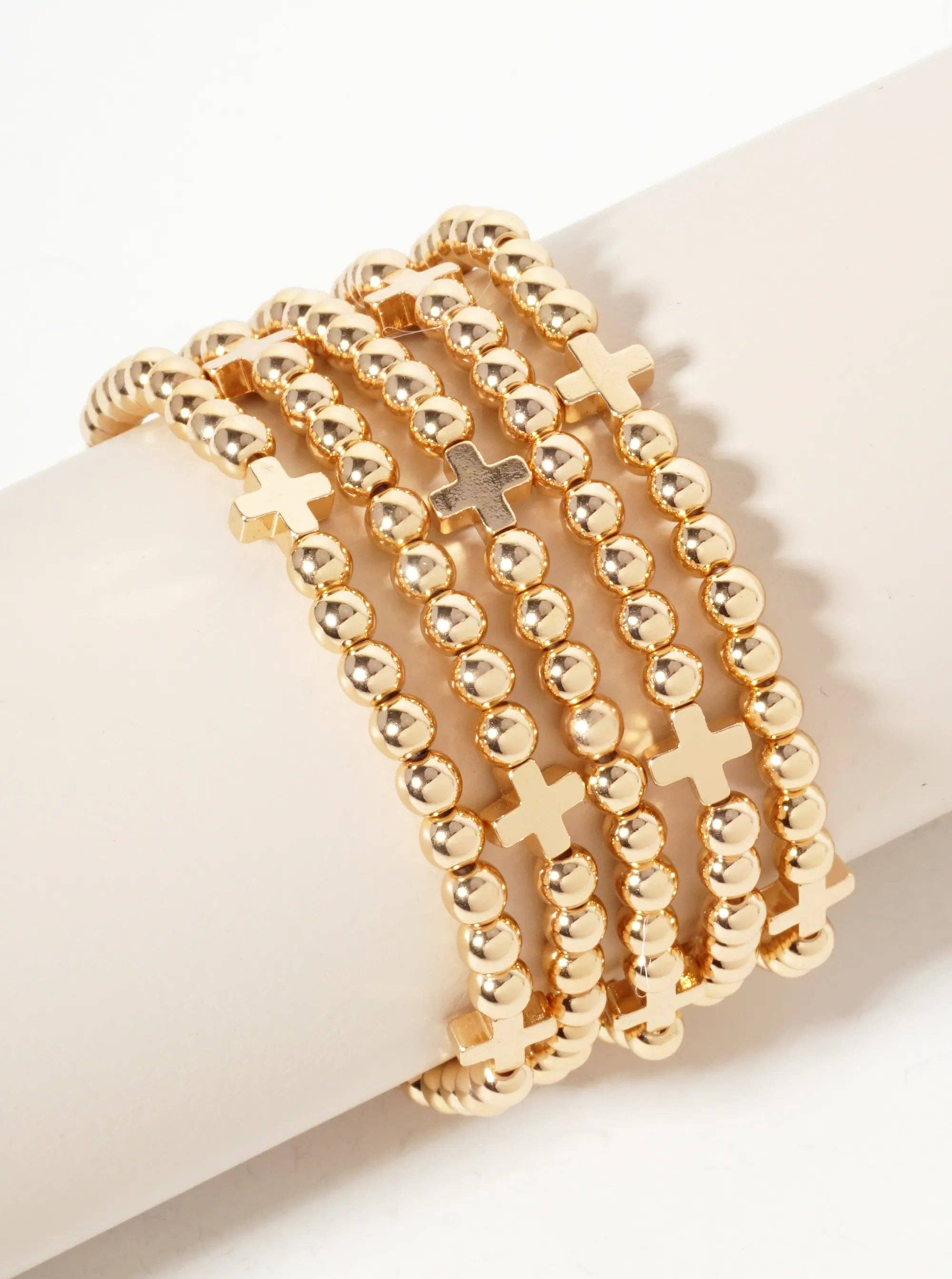 Wild Honey - Wholesale Jewelry Set - Set of 5 Polished Metallic Cross & Ball-Bead Bracelets4