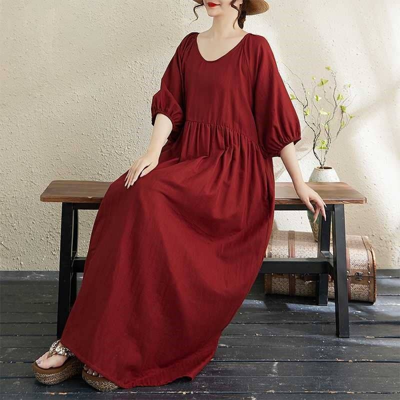 kycozy - Wholesale Dress - Women's - Double Gauze Round Neck Lantern Sleeve Loose Dress3