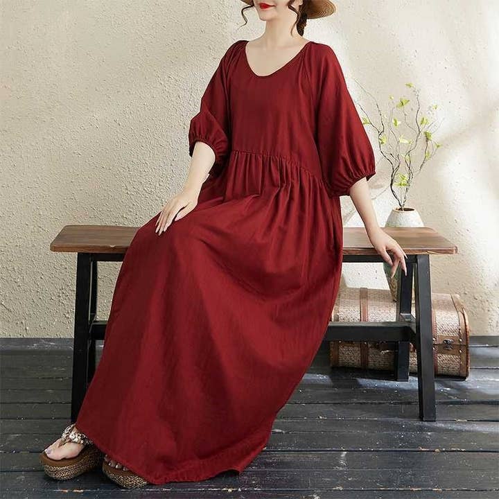 kycozy - Wholesale Dress - Women's - Double Gauze Round Neck Lantern Sleeve Loose Dress3