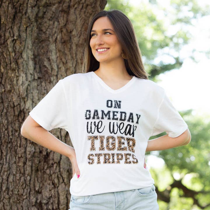 We Wear Tiger Stripes V-Neck T-Shirt White/Black -Asst. for wholesale by The Royal Standard