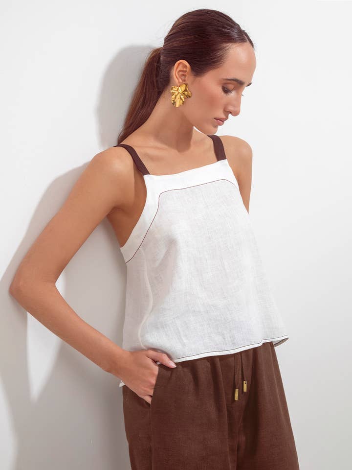 Teresita Top Blanco Roto y Lino Chocolate para venta al por mayor de Maria la Paz