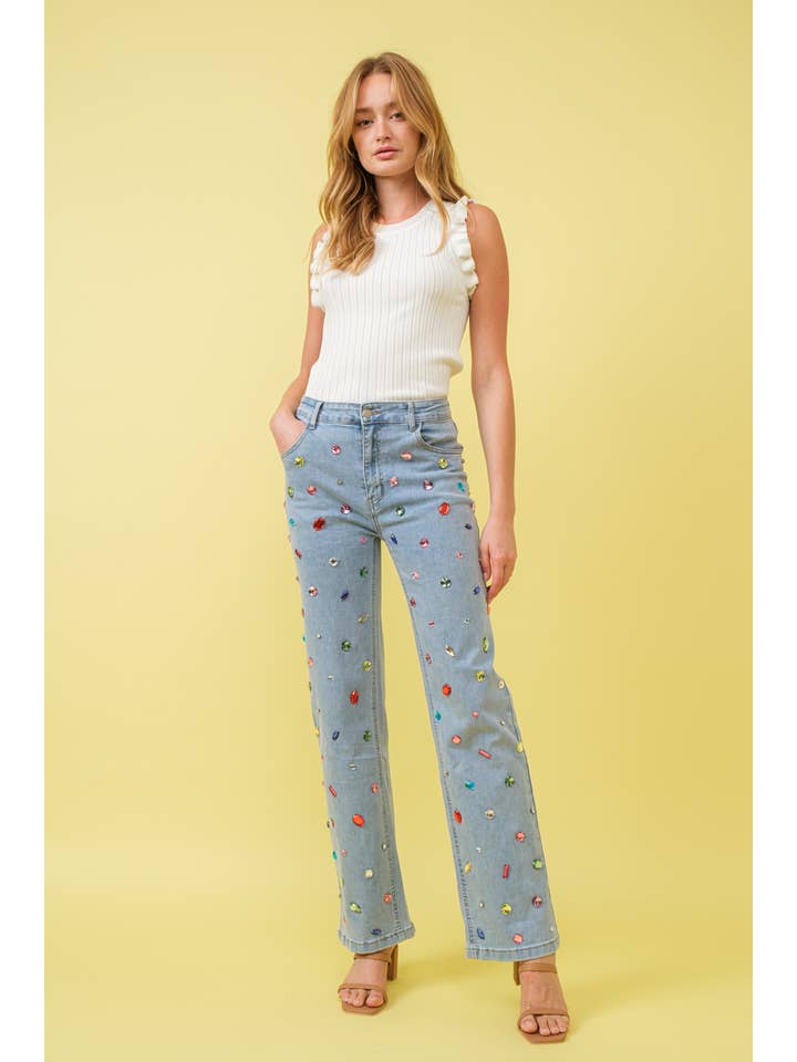 LIGHT WASH 61253P - Mid Rise Rainbow Jewel Embellished Denim Jeans for wholesale on Faire