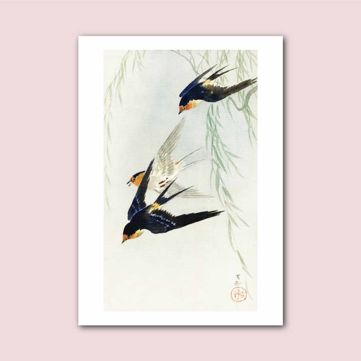 Three Red-Tailed Swallows In Dive Ohara Koson Japanese Print for wholesale by Holland Road Prints