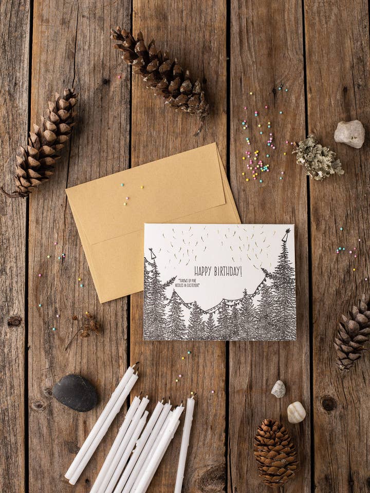 Happy Birthday Pine Needles Card voor wholesale door Drawn to Ecology