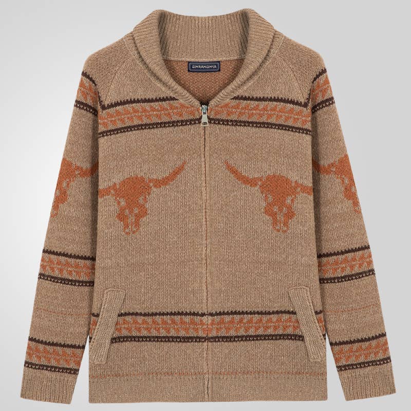 Khaki Southwestern vintage longhorn knit sweater zip-up jacket for wholesale on Faire0