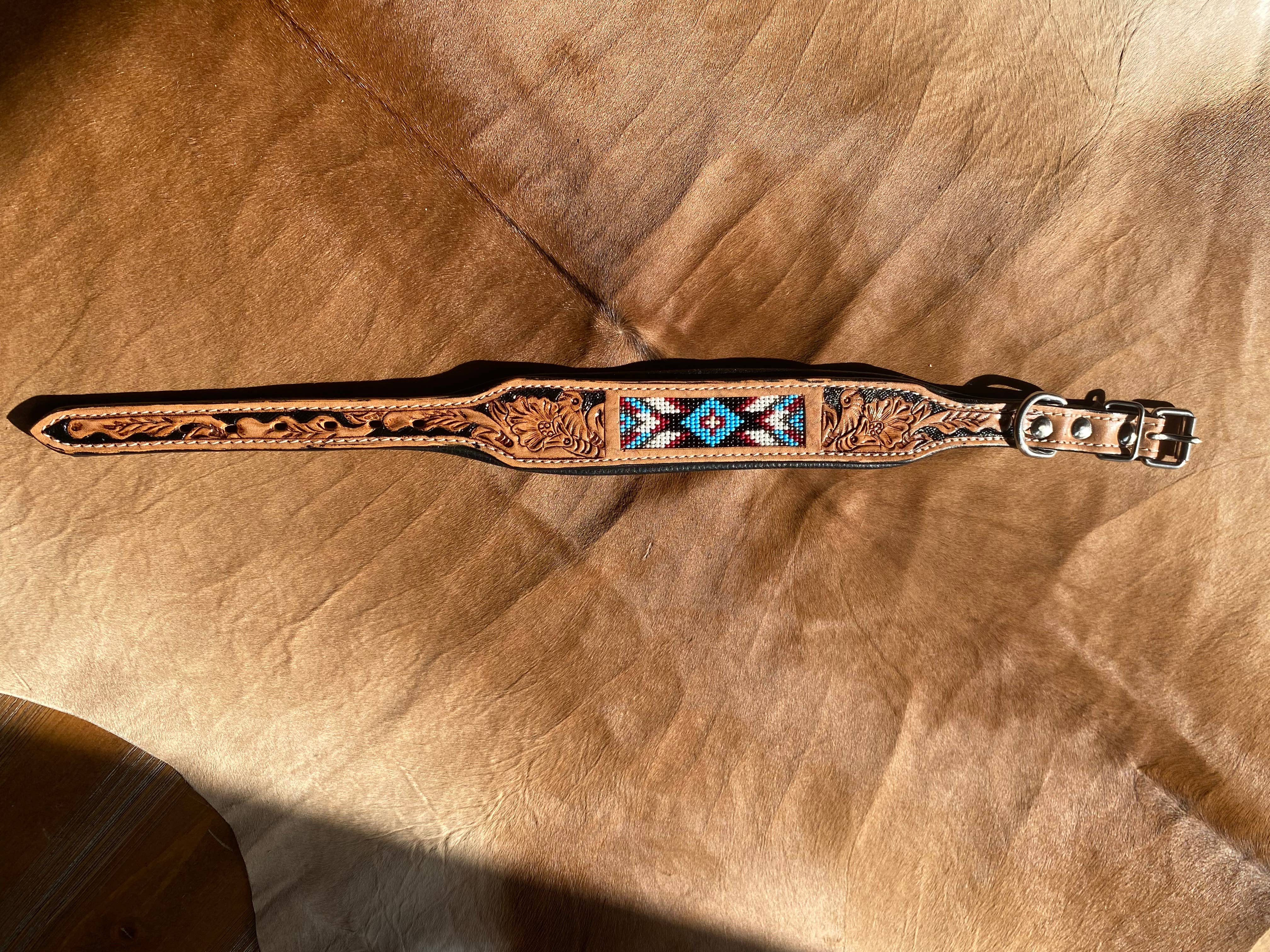 Westrian International - Wholesale Pet Collar - Dog - Western Aztec Turquoise Leather Beaded Dog Collar XS-XL2