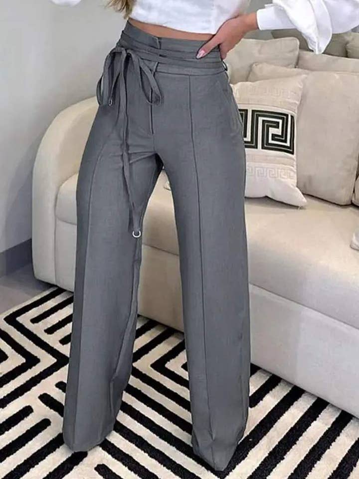 Queen Fashion - Wholesale Pants - Women's - tied detail straight leg work pants0