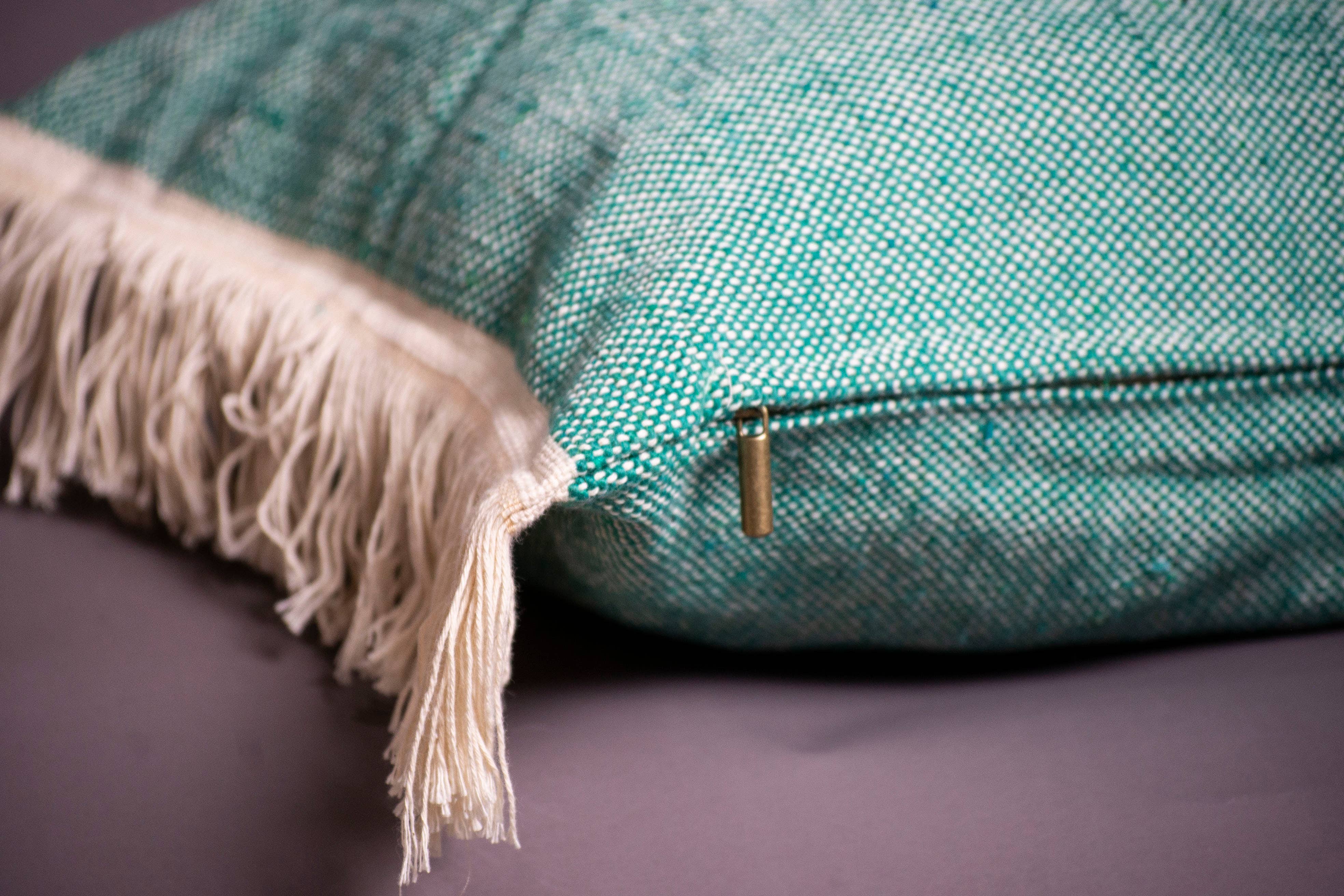 bazarifinagh - Wholesale Throw/Decorative Pillow - Handmade Moroccan Turquoise Pillow with Cream Fringe 40x60cm5