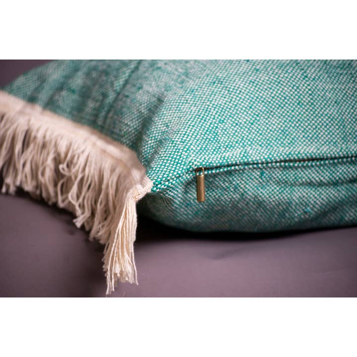 bazarifinagh - Wholesale Throw/Decorative Pillow - Handmade Moroccan Turquoise Pillow with Cream Fringe 40x60cm5