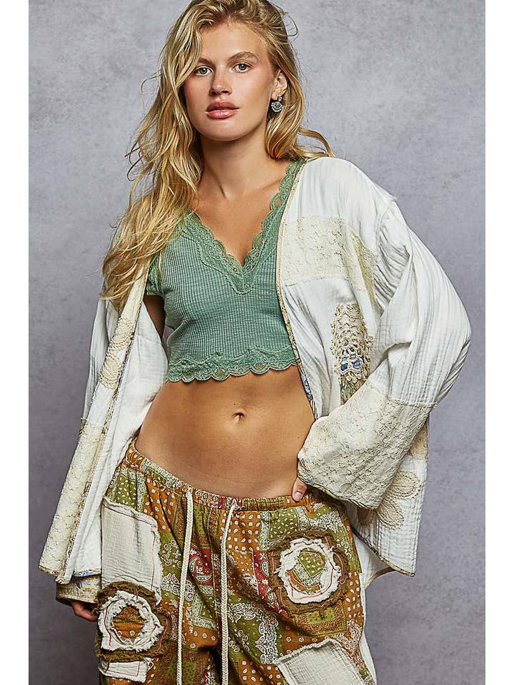 Pol Clothing - Wholesale Cardigan - Women's - Long sleeve double gauze crochet patch cardigan woven top4