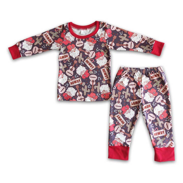 Yawoo Garments - Wholesale Sleepwear Set - Kids - Howdy santa guitar cactus kids western Christmas pajamas