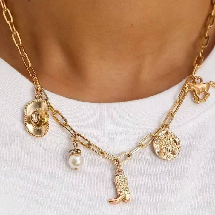 Gold WESTERN BOOT STAR HAT HORSESHOE CHARM NECKLACE | 80N1187 for wholesale on Faire