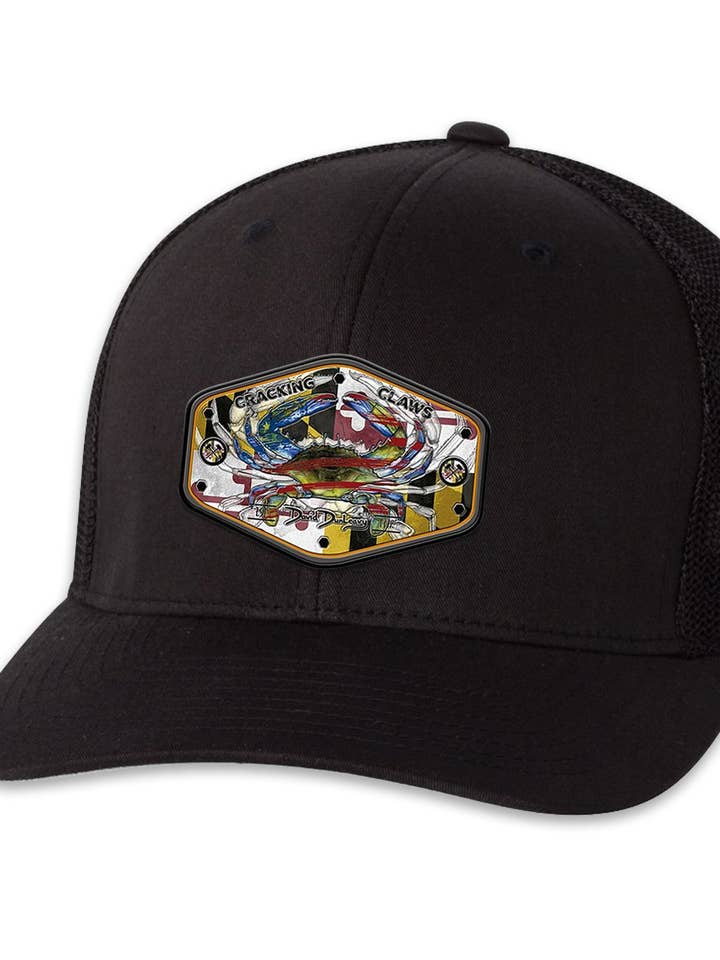 Maryland Ameri Blue Crab 6 Panel Black Black Flexfit Trucker Hat for wholesale by David Dunleavy