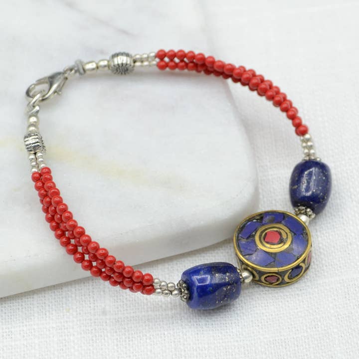 Didi Bahini - Wholesale Beaded Bracelet - Coral with Round Flat Bead Tibetan Bracelet