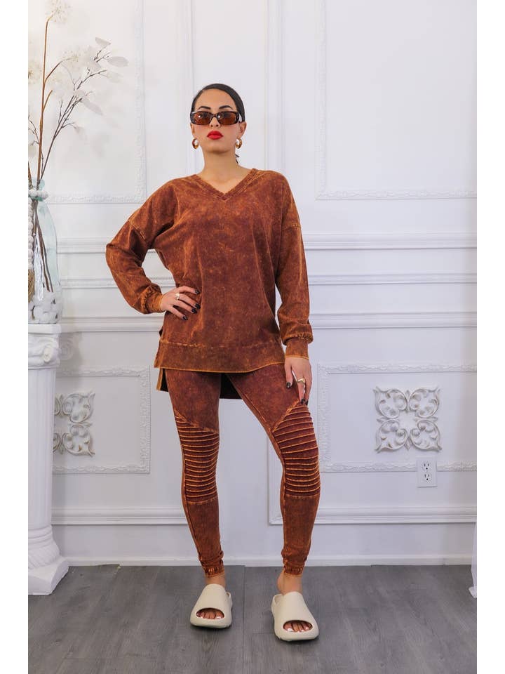 SurelyMine - Wholesale Top & Pant Set (NOT Loungewear) - Women's - Mineral Wash Long Sleeves Top and Motto Legging Set