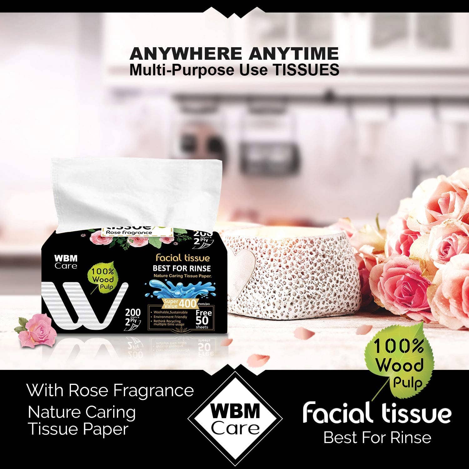 WBM LLC - Wholesale Tissue Paper - WBM Care Facial Tissue Rose Fragrance3
