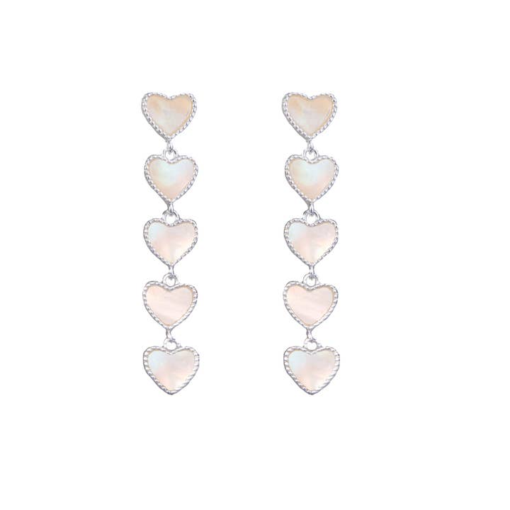 Amanda Blu - Wholesale Dangle Earrings - Mother of Pearl Five Heart Drop Earrings - Silver