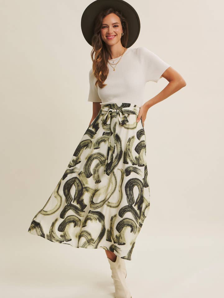 BRUSHSTROKE PRINT MIXED MEDIA SWEATER MIDI DRESS for wholesale by in february