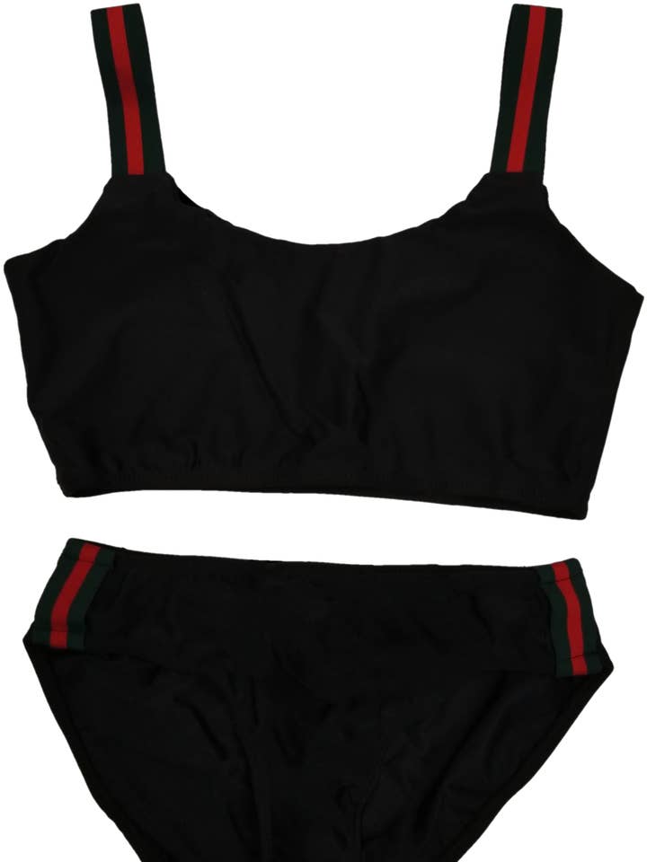 Girl's Two Piece Red/Green Stripe Side Bathing Suit for wholesale by Cheryl Creations Kids