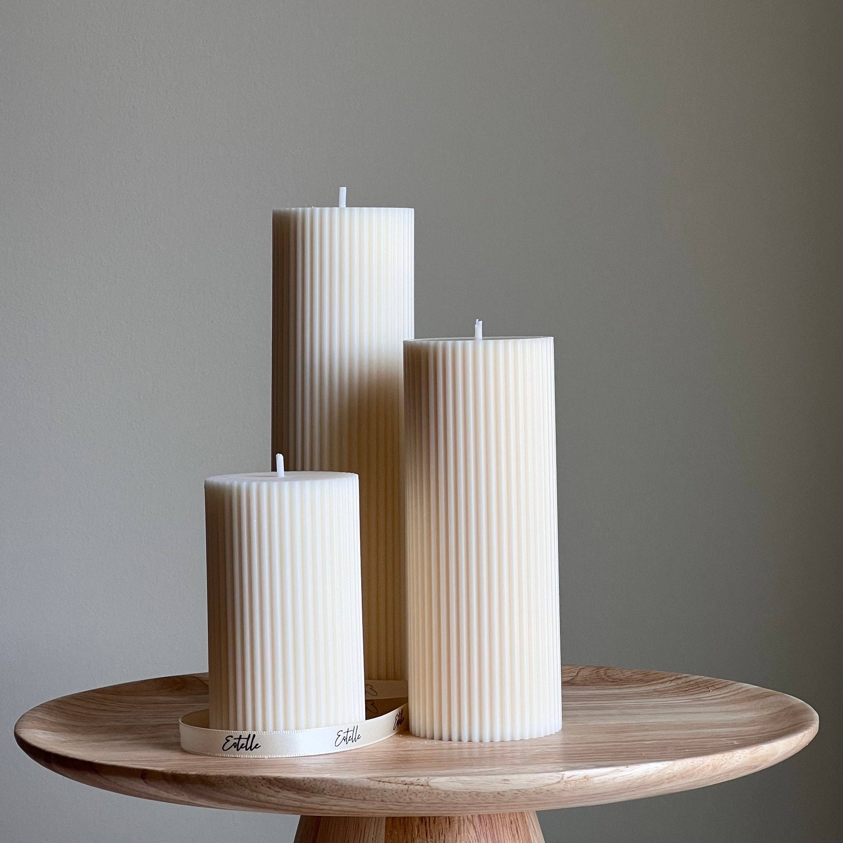 Estelle Studio - Wholesale Pillar Candle - Ribbed Pillar Candle | Soy Wax Candle | Decorative Candle | Aesthetic Handmade Candle| Shaped White Candle| Unscented Candles| Unique Candle