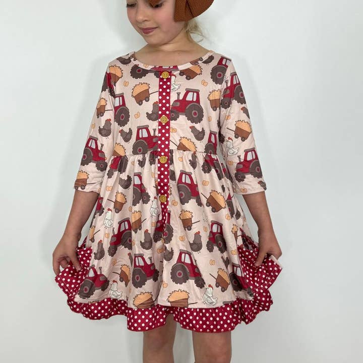 Red Tractor Girls Dress for wholesale by Clover Cottage