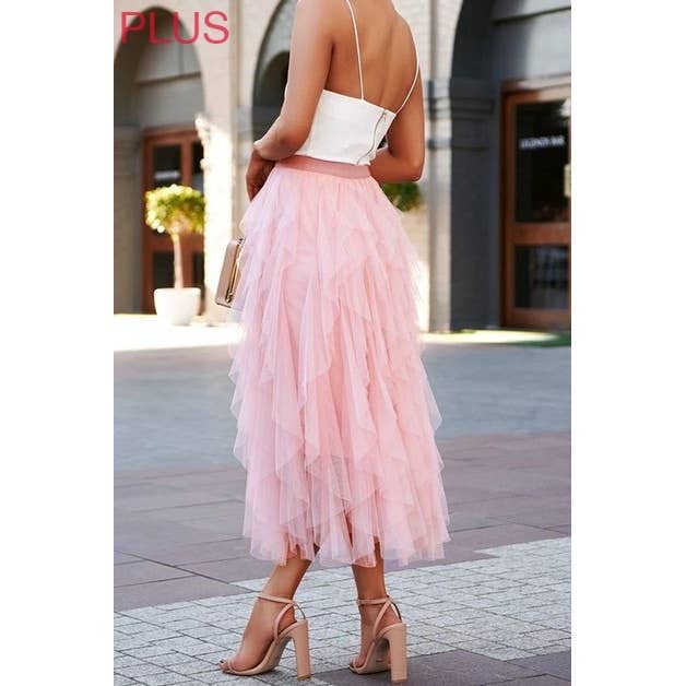 ROSE Jupe en tulle à taille haute élastique avec ourlet irrégulier en maille en vente sur Faire1