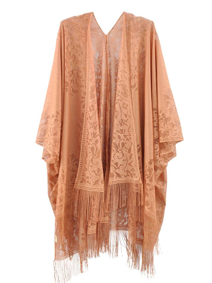 Kimono de Encaje de los 70s con Flecos Boho, Cubierta para Traje de Baño para venta al por mayor de Pretty Attitude Clothing