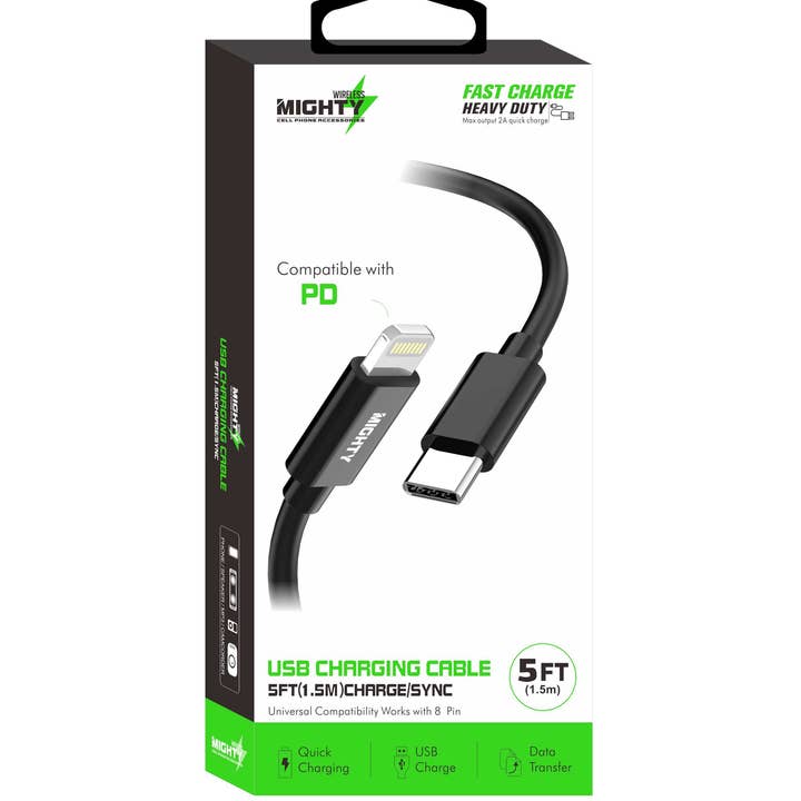 Mighty Fast 5FT Lightning to Type-C Cable Black MK18 for wholesale by Mighty Wireless